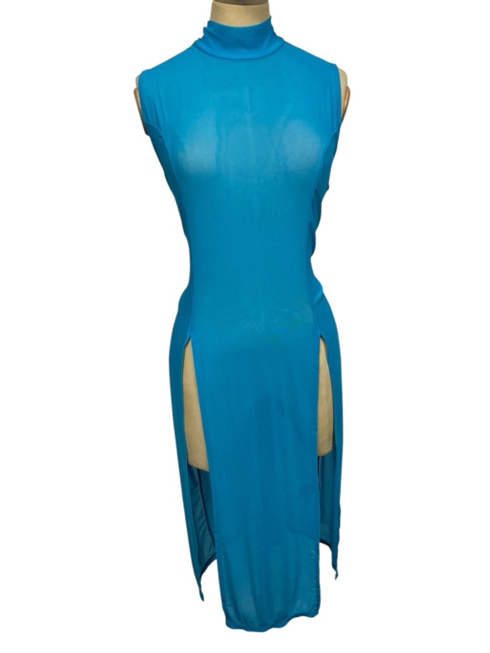 FTF Mesh Dress Fashion to Figure Cover-Up Teal Sleeveless High-Neck Slit Midi